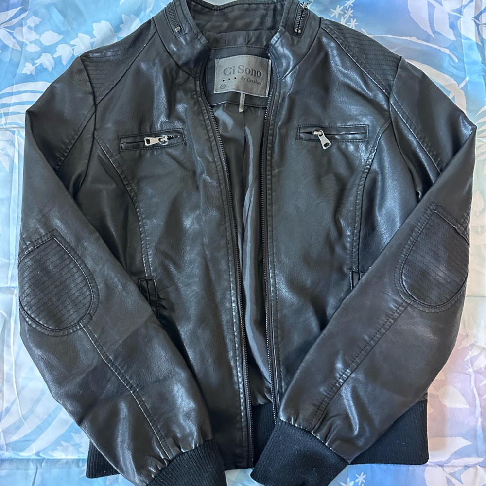 Ci Sono Black Faux Leather Bomber Jacket Ribbed Trim Moto Style Women’s